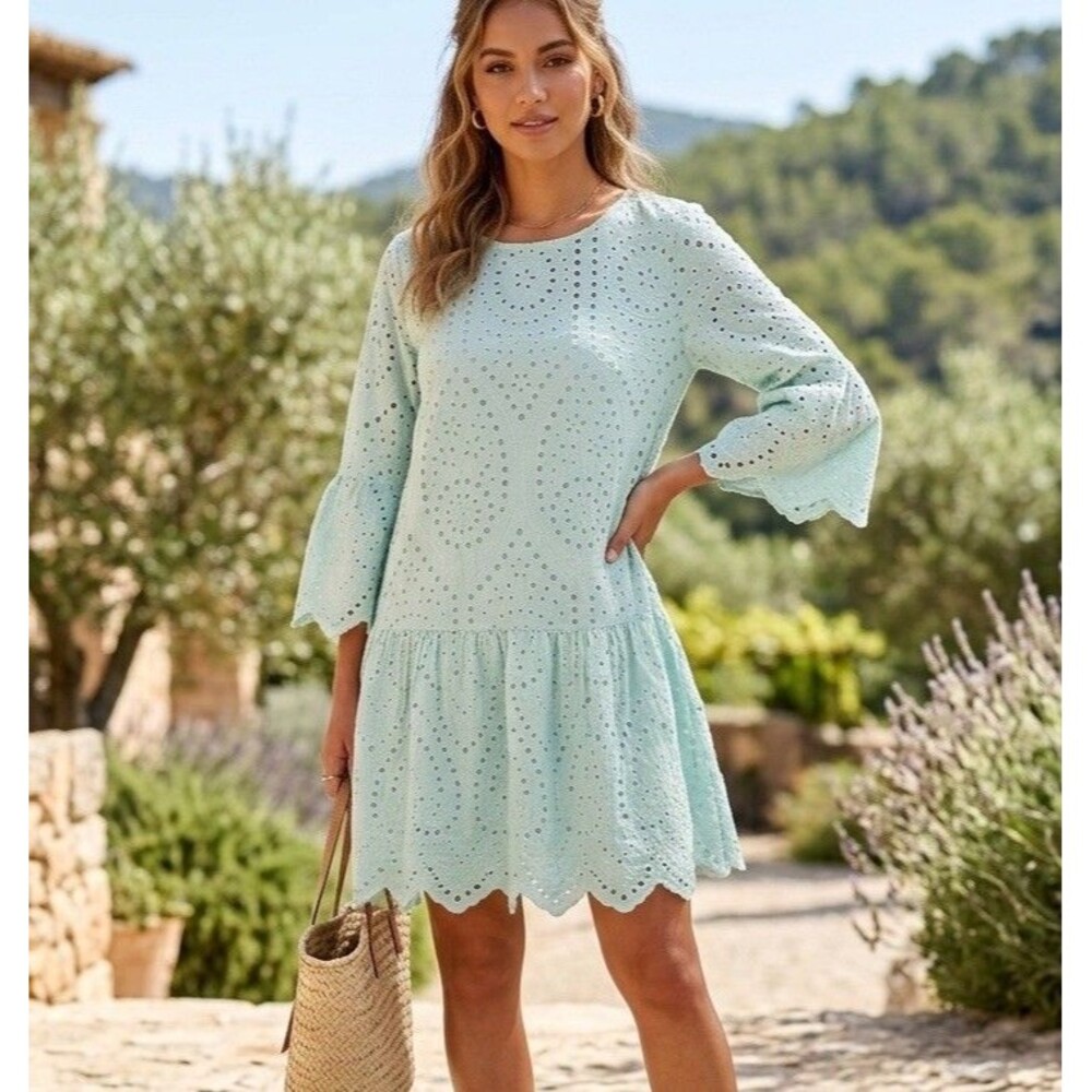 MISSLOOK Mint Green Eyelet Lace Shift Mini Dress XL Bell Sleeve Cottagecore